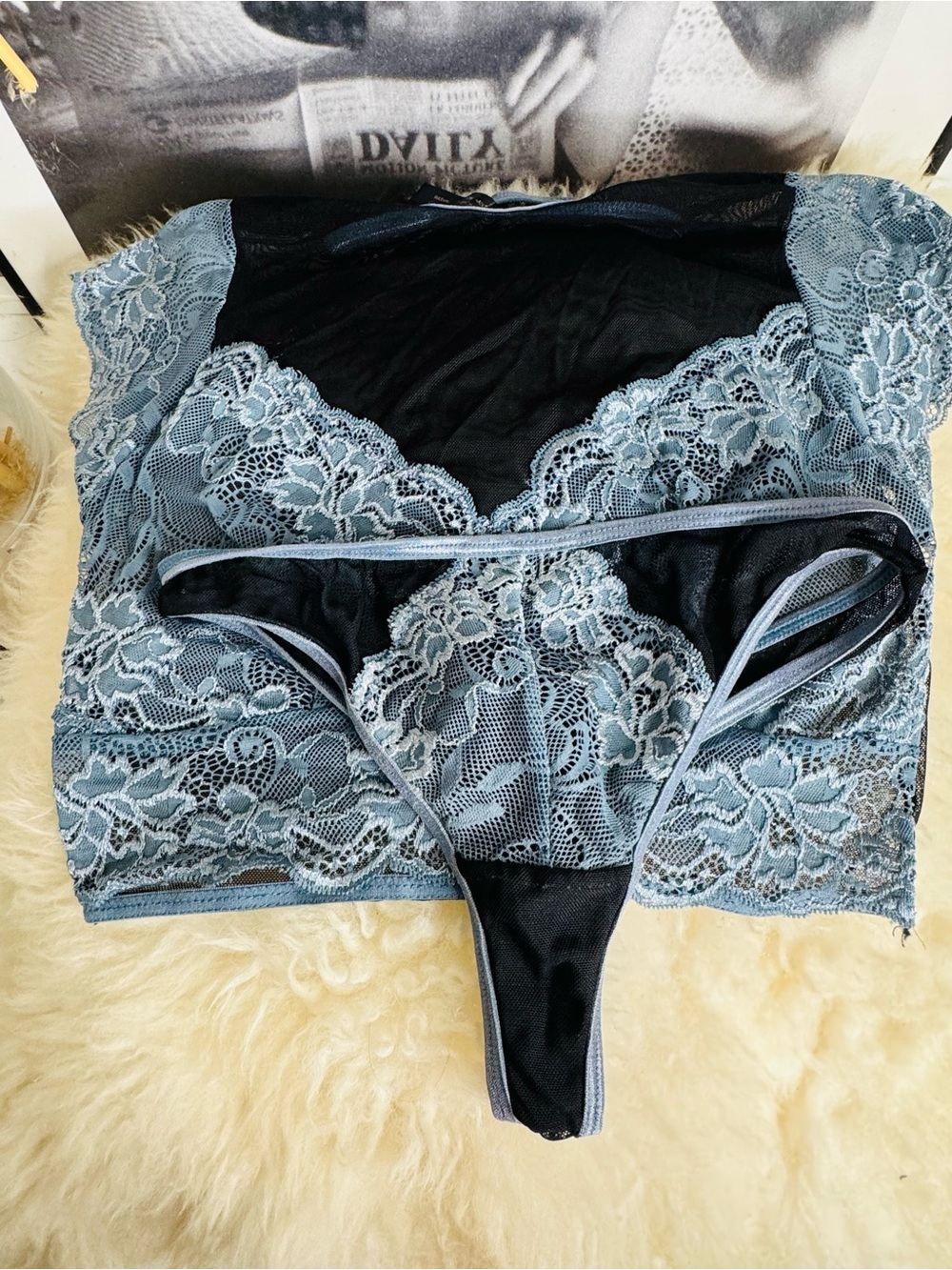 Lace Bralette & Thong Set - Dusty Blue